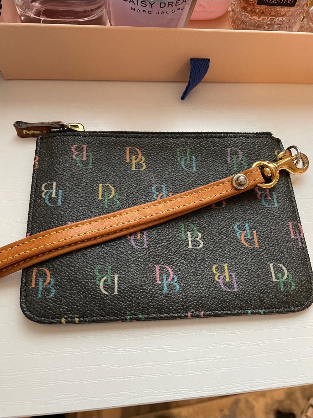 Dooney & Bourke Black Multicolor DB Logo Wristlet with Tan Strap